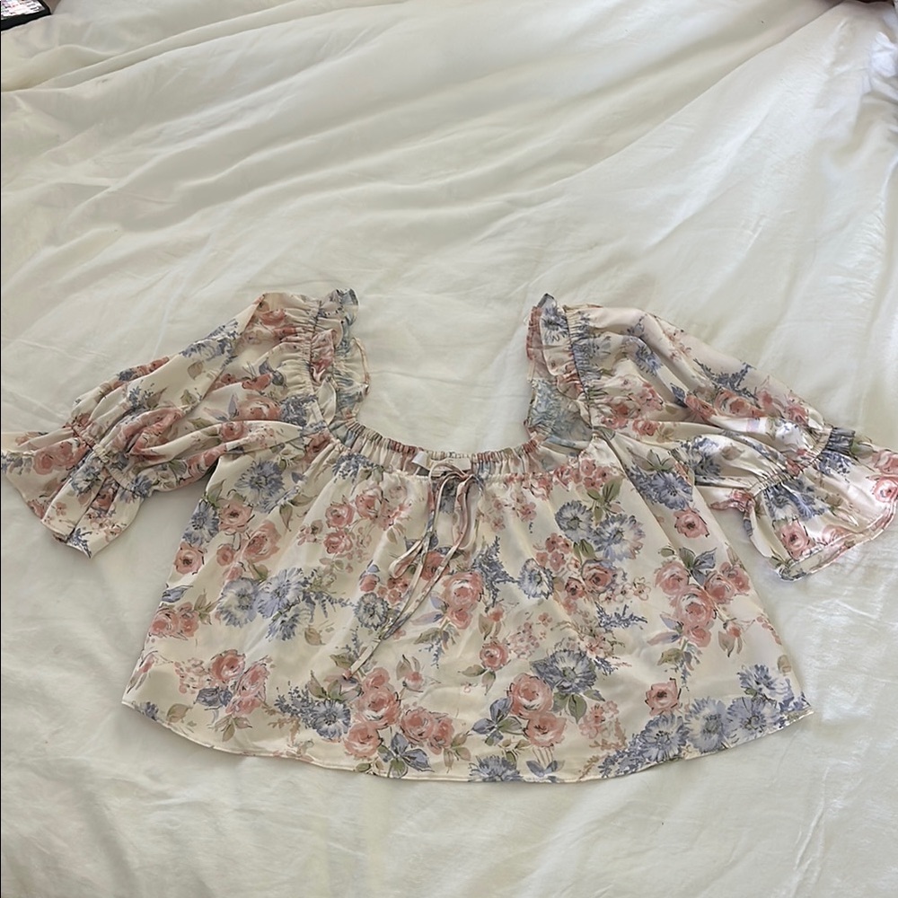 Wayf Cream Smocked Ruffled Crop Blouse